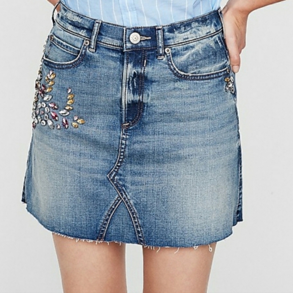 NEW Express Light Blue and Denim Jewel Rhinestone Mini Skirt Size 8 Y2K Fashion